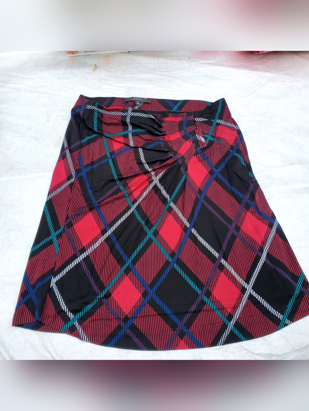 Gucci Red and Black Plaid A-Line Skirt with Teal, Blue and Purple Lines